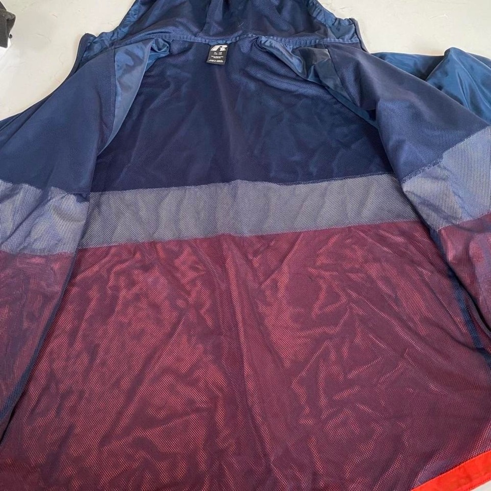 Russell Athletic Men's XL Windbreaker Jacket Blue orange White Hooded Full Zip - Picture 6 of 8